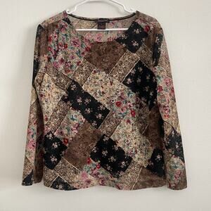 Y2K Top Women XL Patchwork Lace Floral Top Romantic Cottagecore Semi Sheer Brown